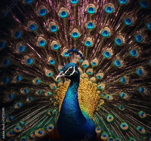 Portrait of beautiful peacock with feathers out. Close up.