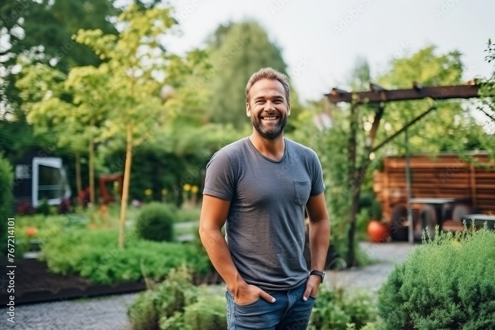 Portrait of a handsome young man standing in the garden and smiling Portrait of a handsome young man standing in the garden and smiling
