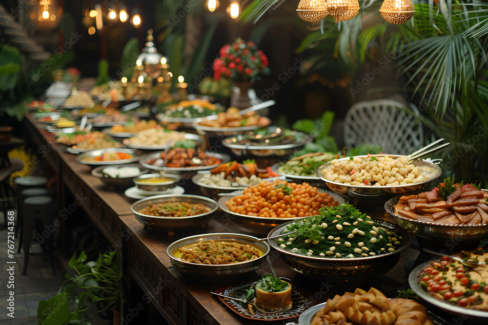 Setup of the iftar buffet during Ramadan, a traditional Muslim evening feast to break the fast.