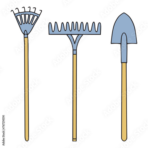 Set of garden tools. Rake, pitchfork and shovel. Caring for plants, gardens and personal plots. Vector illustration. Vector illustration. Vector illustration