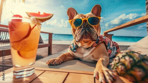 Stylish French bulldog on vacation sunglasses sunbathing at seaside resort, wear Hawaiian shirt loun © JovialFox
