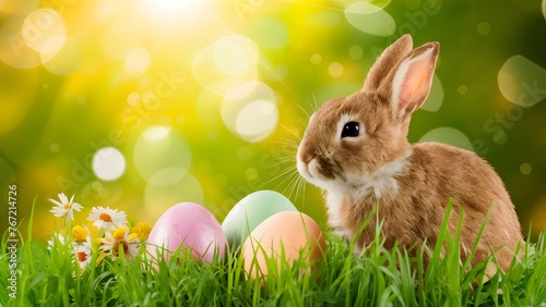 StockImage Sunny Easter background with bunny, eggs, flowers, grass, and bokeh © Muhammad Ishaq