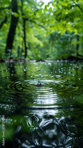 Raindrops Creating Ripples on a Forest Pond