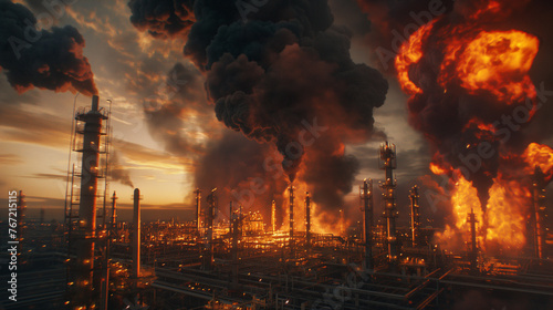 Large fire with a powerful explosion at an oil refinery. Huge cloud of black smoke