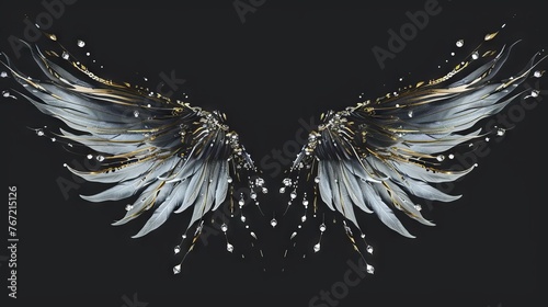 Majestic Silver and Gold Angel Wings Against Black Background.
