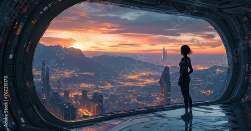 Standing Woman wearing a skinny black spacesuit contemplating the endless city of an unknown world during the sunset behind a large window into a spaceship photo
