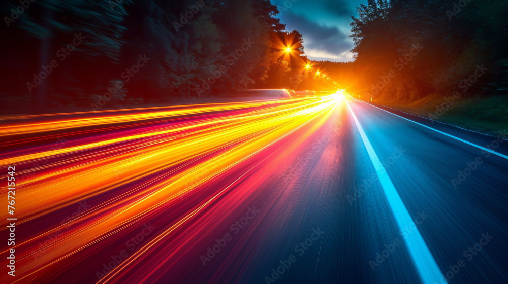 View of a night road with many car headlight right straight traces with extreme speed blur effect and streetlights and trees along the road
