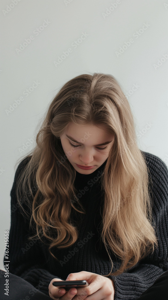 Lonely girl looking sadly at her mobile phone screen. In the photo on a white background, be sure to leave space for text. The photo will symbolize loneliness and lack of relationships Lonely girl looking sadly at her mobile phone screen. In the photo on a white background, be sure to leave space for text. The photo will symbolize loneliness and lack of relationships