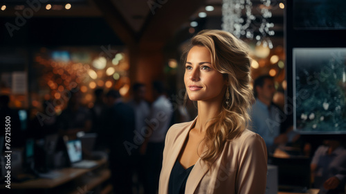 Portrait of a proud caucasian Business Woman with long curved blond hair and beige jacket in front of her blurry colleagues in background