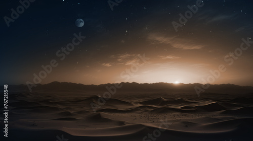 Wide brown Dunes landscape at last times of the sunset with a sun almost down on the horizon and a dark sky with full moon and stars