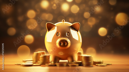 Showcase the importance of saving with a golden coin deposited into a piggy bank, set against a backdrop representing a stable economy, ideal for banners photo