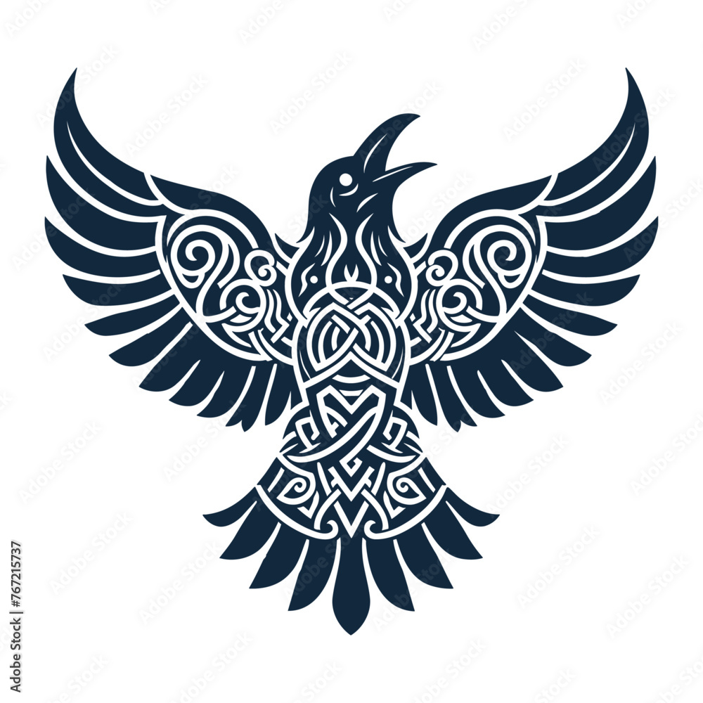 Obraz premium Cawing black crows, in a circle of Scandinavian runes, carved into stone, isolated on black, vector llustration