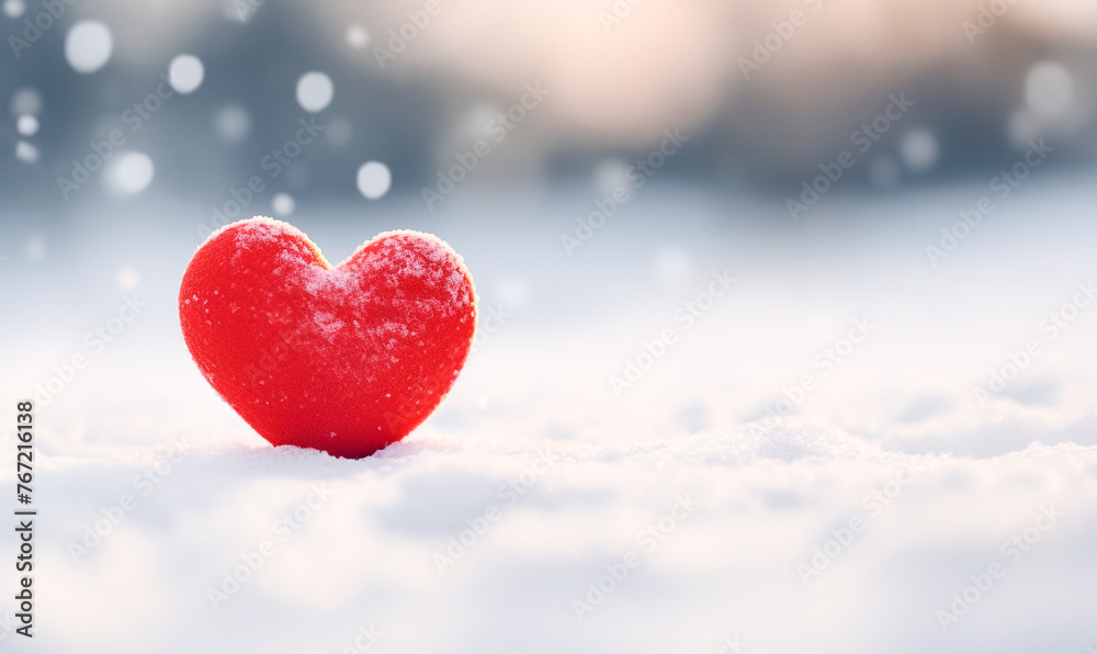 A small red heart lies on the snow
