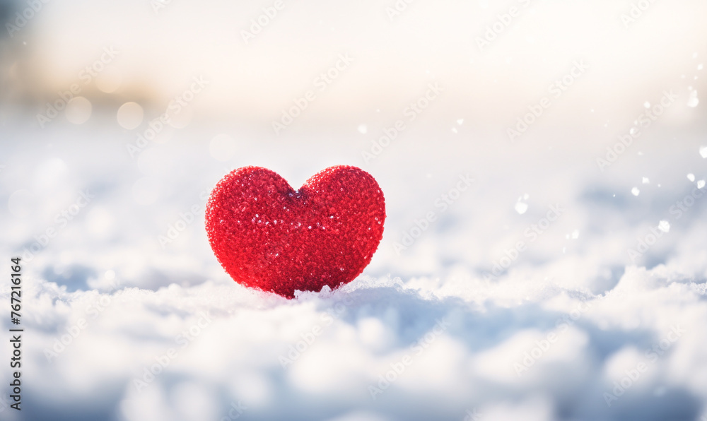 A small red heart lies on the snow