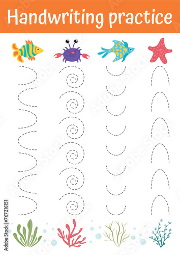 Tracing lines, handwriting training worksheet for kids. Writing training, educational game and activity for preschool, kindergarten with cute fish and see habitants. Tracing practice for children.