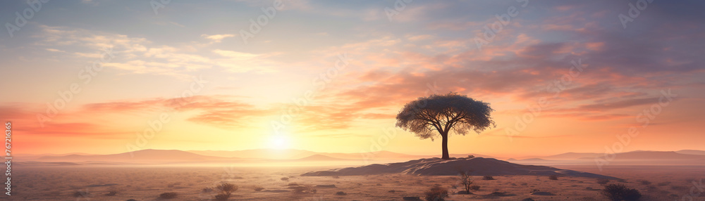 alone big tree in the desert, big tree in the middle of the scene, sunset time, minimal concept