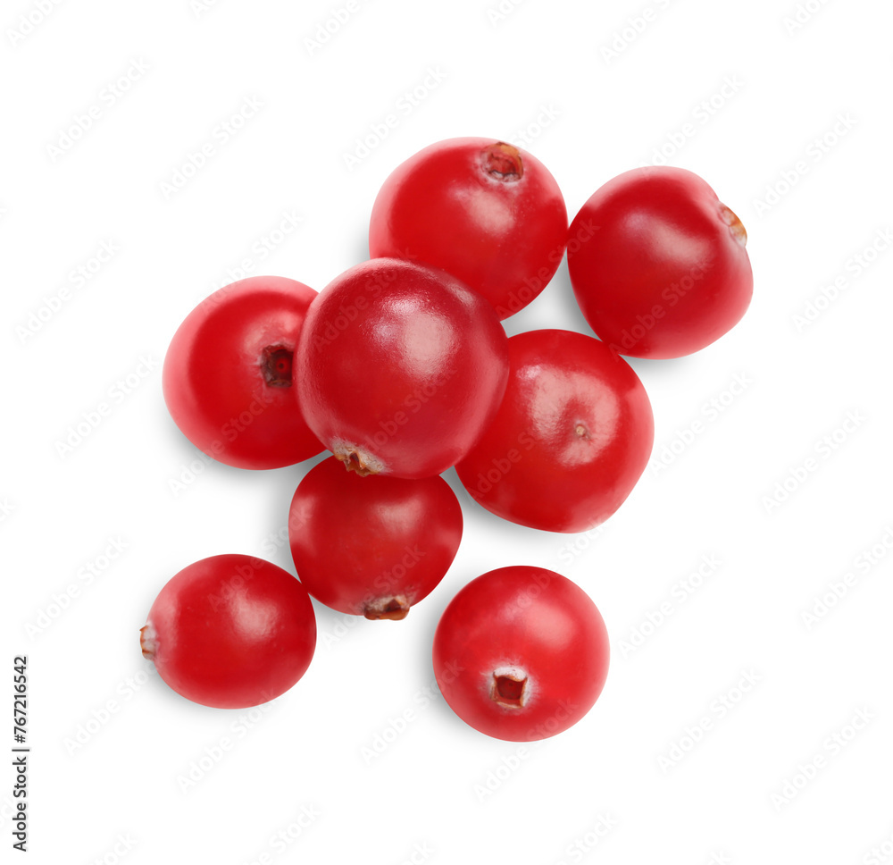 Fresh ripe cranberries isolated on white, top view