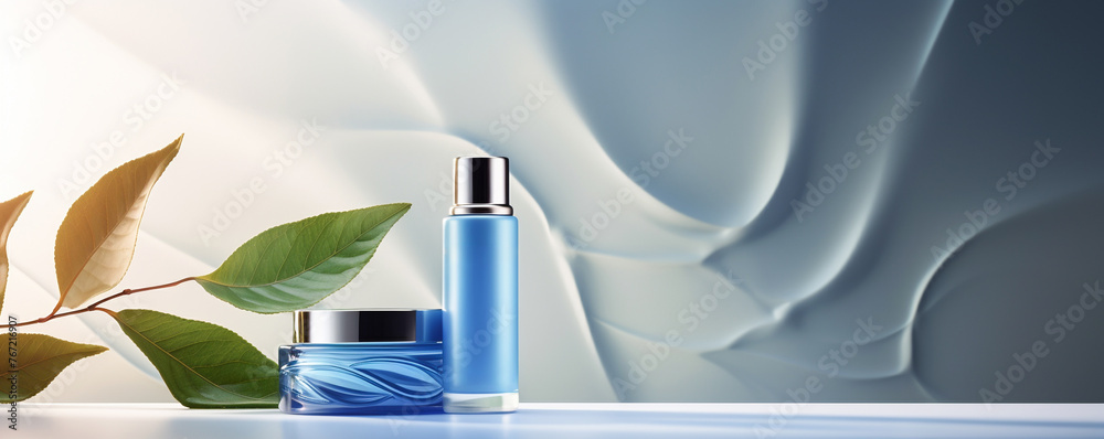 Blue cosmetic mockup Banner with cream bottle, container, bottle, leaf Showcase for product presentation Shadows effect Skin Care beauty concept - obrazy, fototapety, plakaty 