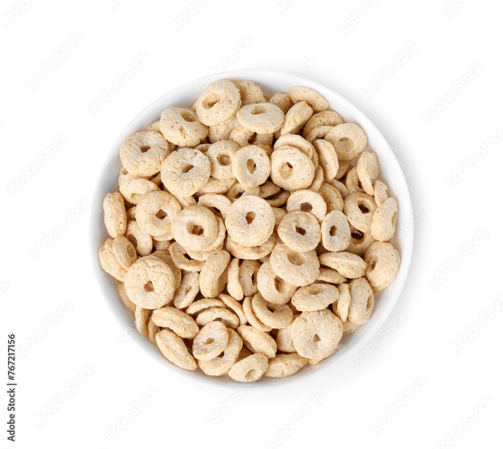 Tasty cereal rings in bowl isolated on white, top view Tasty cereal rings in bowl isolated on white, top view