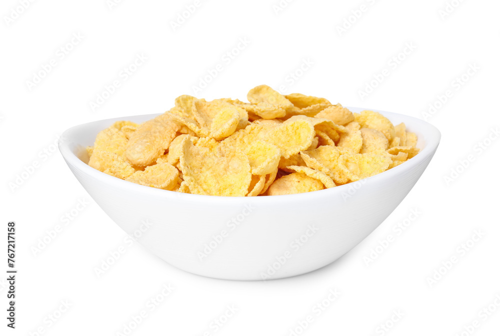 Breakfast cereal. Tasty corn flakes in bowl isolated on white Breakfast cereal. Tasty corn flakes in bowl isolated on white