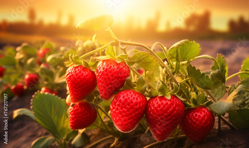 Delight in the beauty of strawberry farming at sunset  with macro shots capturing the essence of agriculture bathed in golden light