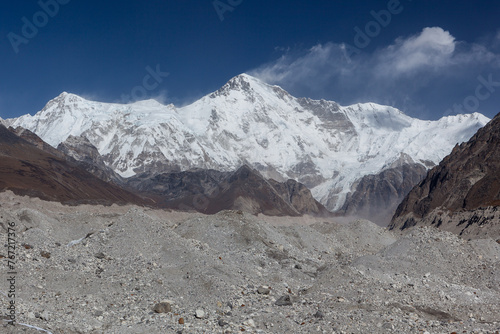 Mount Cho Oyu (8,188 m). View from glacier moraine in Gokyo Valley in Everest region in Himalayas, Nepal. Sixth-highest mountain in the world.