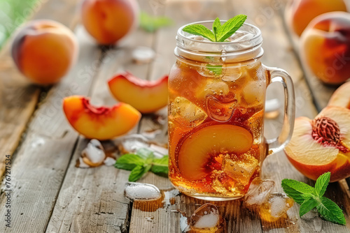 sparkling peach iced tea in a mason jar with fresh slices
