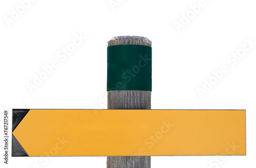 empty template wooden Arrow indicating the path in the Woods, sign pointer with blank space on wooden pole, yellow background