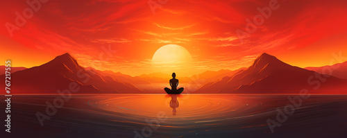 Embrace tranquility in a yoga silhouette against a sunset horizon, transporting into a fantasy space with room for banners