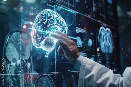 Medicine doctor with electronic medical record of human brain anatomy with X-ray images Digital healthcare, research and medical technology concept