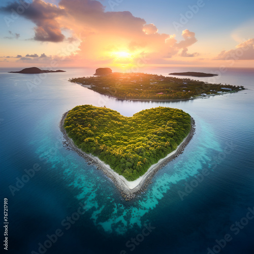 Explore the romance of a heart-shaped Caribbean island at sunset, seen from above in a breathtaking aerial vista © SOLO PLAYER