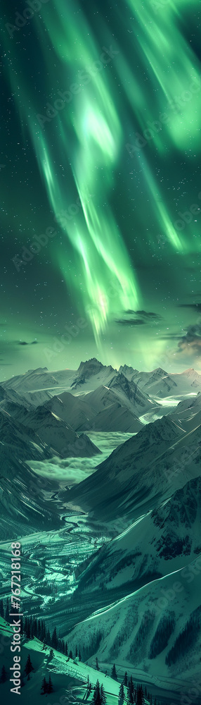 The vastness of northern landscapes with aerial shots of wildlife against the ethereal aurora backdrop in Alaska