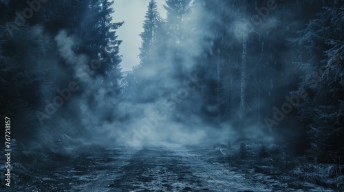 Dark ground with misty fog, steam, and white horror overlay