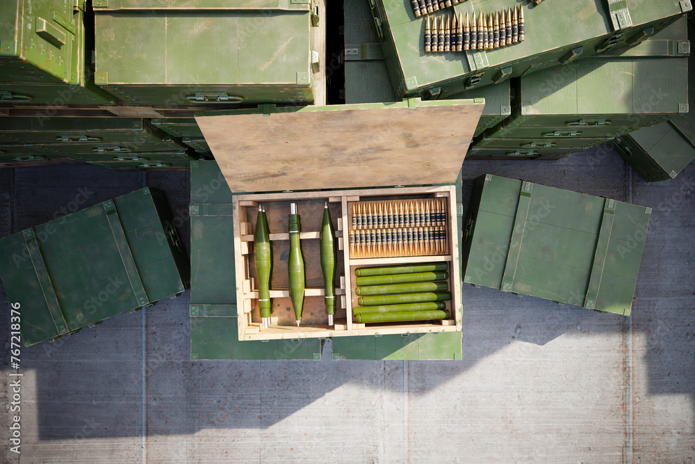 Aerial View: Military Ammo Boxes and Artillery Shells in Precise Arrangement