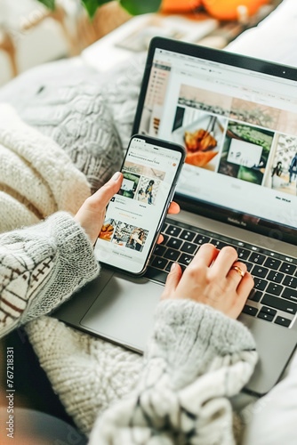 A close-up of a person browsing an e-commerce website on a laptop or smartphone, exploring the latest fashion trends. Interface, fashion items and discovering new styles.