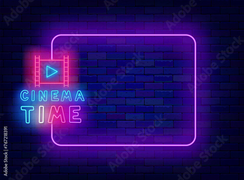 Movie time neon promotion template. Cinema theater label. Welcome greeting card. Empty purple frame and play shot. Concert advertising. Copy space. Editing text. Vector stock illustration