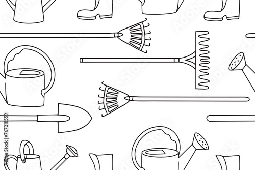 Gardening hand drawn seamless pattern, doodle ornament of gardening tools icons, vector illustration of shovel, watering can. Vector 