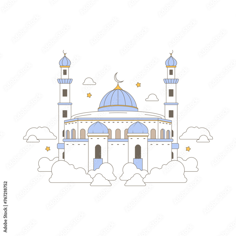 Mosque and cloud minimalist line art illustration, Arabic architecture, ornament background.

