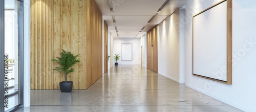 Office corridor with white and wooden walls, concrete flooring, horizontal mock-up poster frame, and a potted plant, representing advertising. Visualized in 3D rendering.