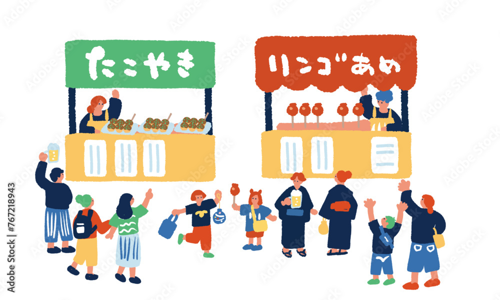 Fototapeta premium 屋台と人々 夏祭りの手描きのイラスト素材セット 