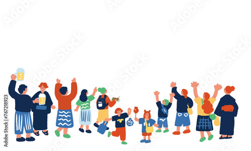 夏祭りを楽しむ人々のシンプルでカラフルなイラスト
