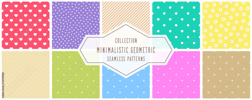 Collection of simple seamless color geometric patterns. Delicate minimalistic cute backgrounds. Beautiful funky textile unusual prints