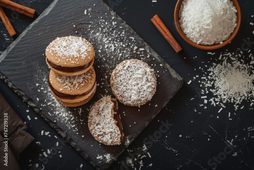coconut dusted alfajores sandwich cookies with caramel filling