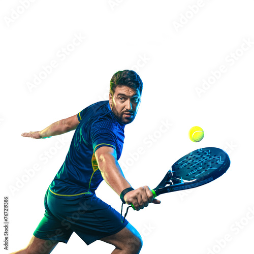Padel Tennis Player with Racket in Hand. Paddle player isolated on a white background. Download in high resolution.
