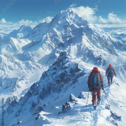 Mountain climbing, hope, snow mountain, sunrise, illustration