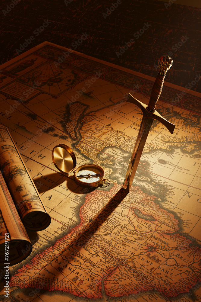 Antique Sword and Compass on a Vintage Map Under Warm Golden Light