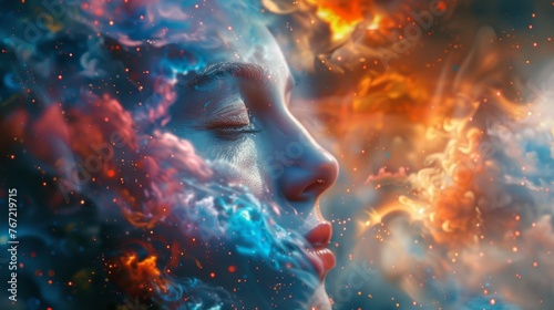 A mesmerizing silhouette of a woman's profile blended with a vibrant cosmic nebula, evoking a sense of wonder and creativity.