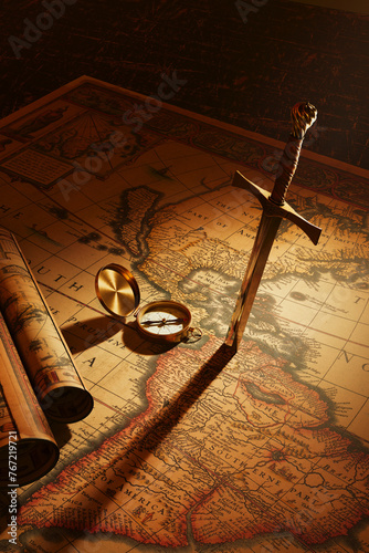 Obraz na płótnie Antique Sword and Compass on a Vintage Map Under Warm Golden Light w salonie