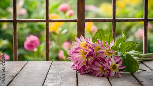 Subject Wooden table top with blurred window garden flower background
