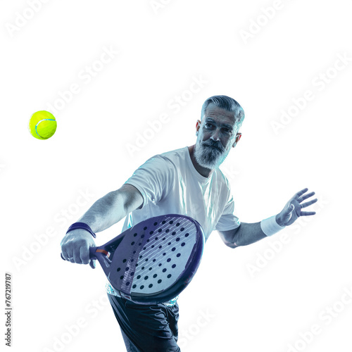 Padel player open tour isolated on white background. Man athlete with paddle racket and ball. Sport concept. Download a high quality photo for sports ads at social media stories or shorts.